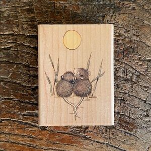 🌙Rare Vintage🌙Together Under Moon🌙House Mouse Wood Block Rubber Stamp